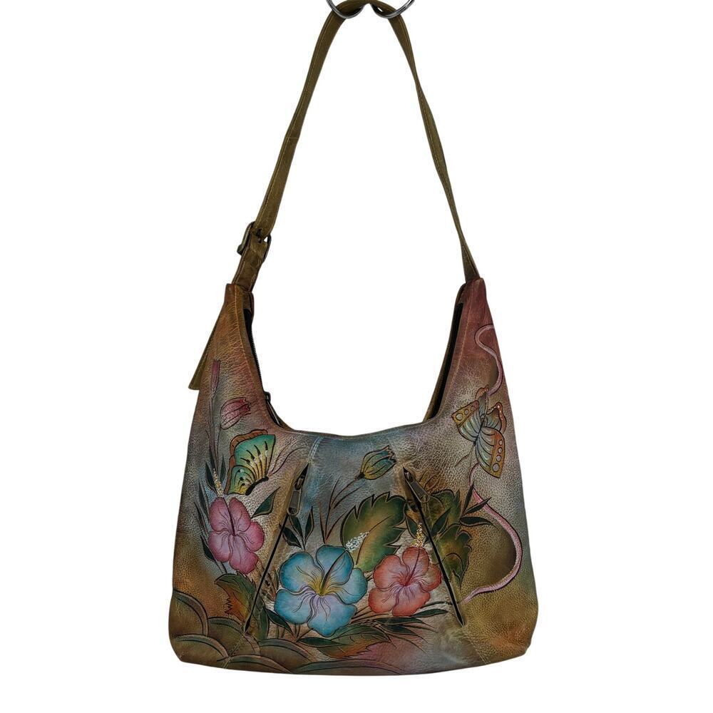 Anuschka Shoulder Bag Leather Hibiscus Flower Butterfly‎ Hand Painted Handbag